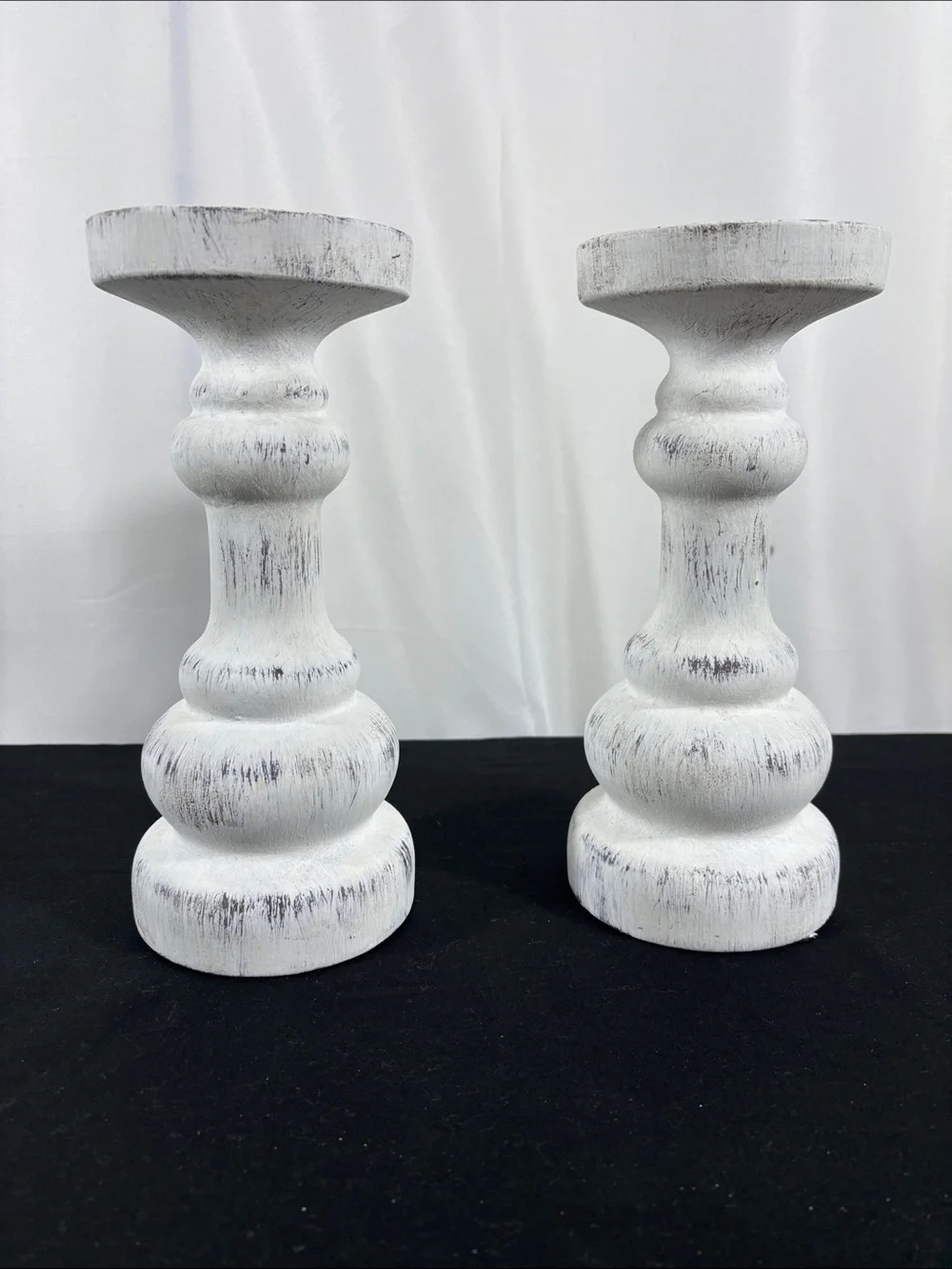 White Distressed Ceramic Candlestick Pair